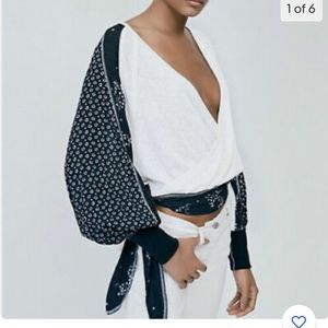 Free People Women's Auxton Thermal Top Black Ivory Oversized Blouse